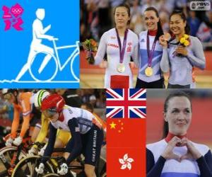 yapboz Kadın Keirin parça Bisiklet podyum, Victoria Pendleton (İngiltere), Guo Shuang (Çin) ve Lee WAI-Sze (Hong Kong) - Londra 2012-